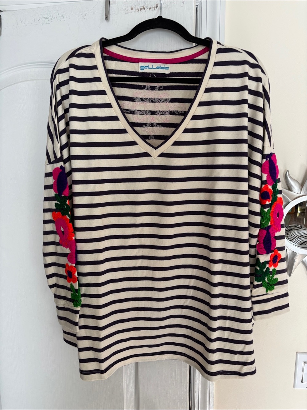 GALLABIA Ladies Blue Striped Embroidered V Neck Top-XL